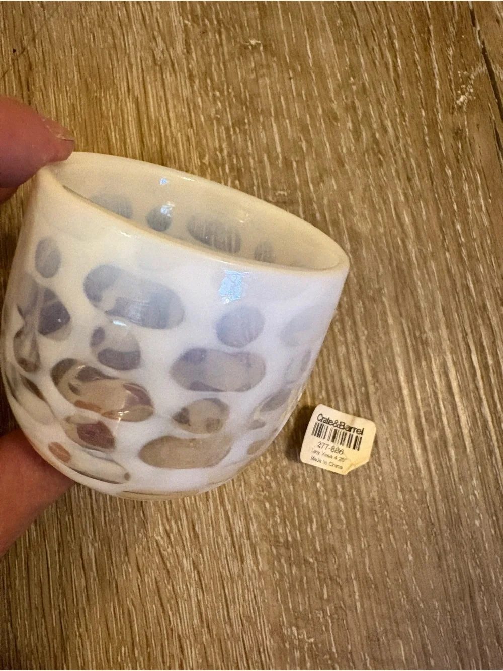 New Crate&Barrel White Speckled Glass Votive Holder accent - “ Lacy Vase “